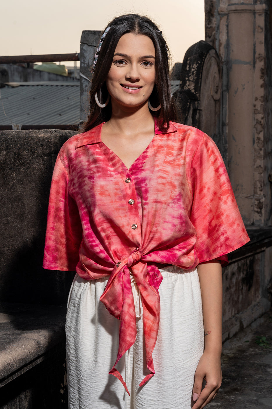 Apple Red Shibori Tie Shirt - Handcrafted Chanderi Silk by 22twelve
