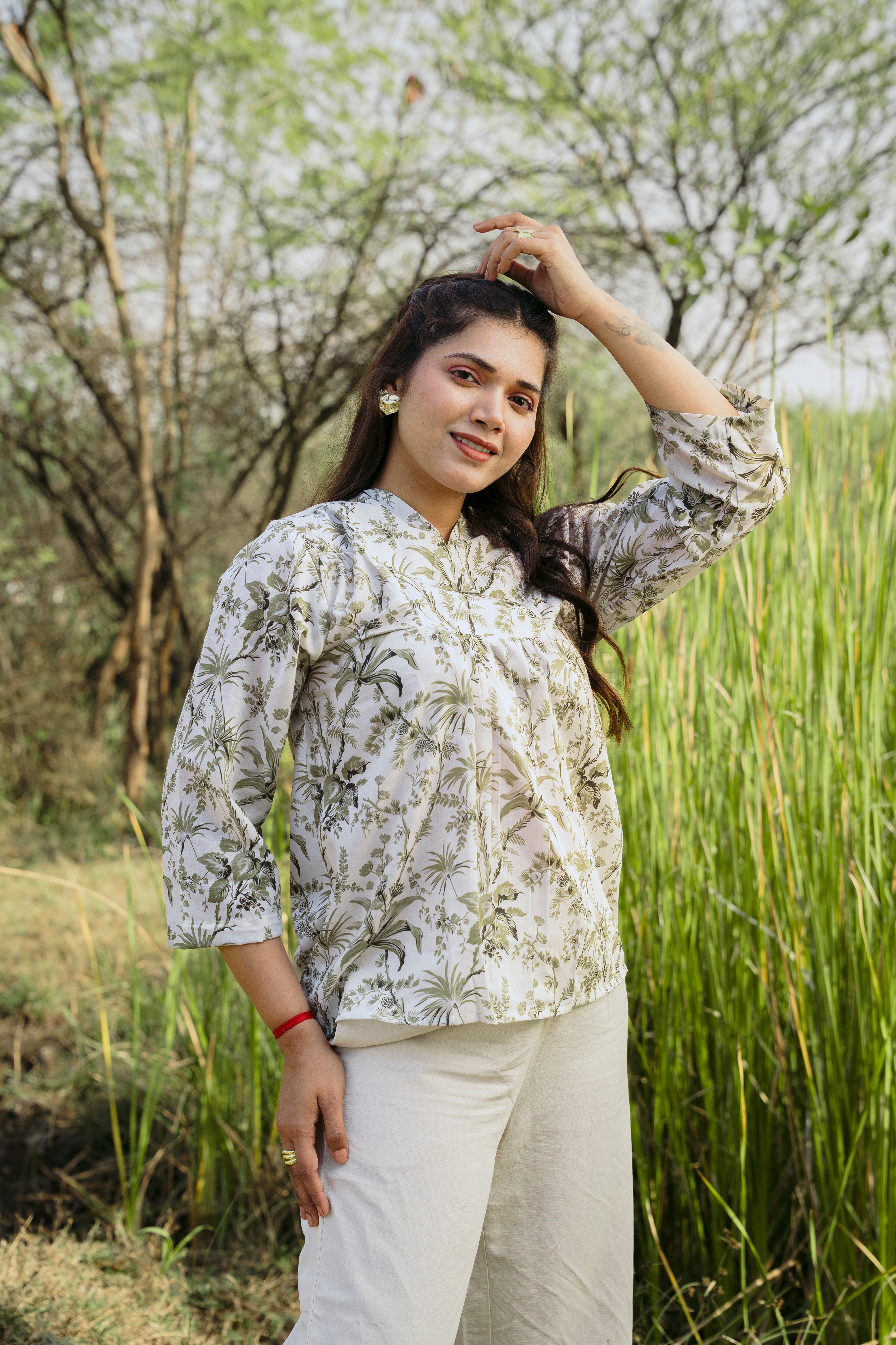 OLIVE BOTANICAL PEPLUM TOP