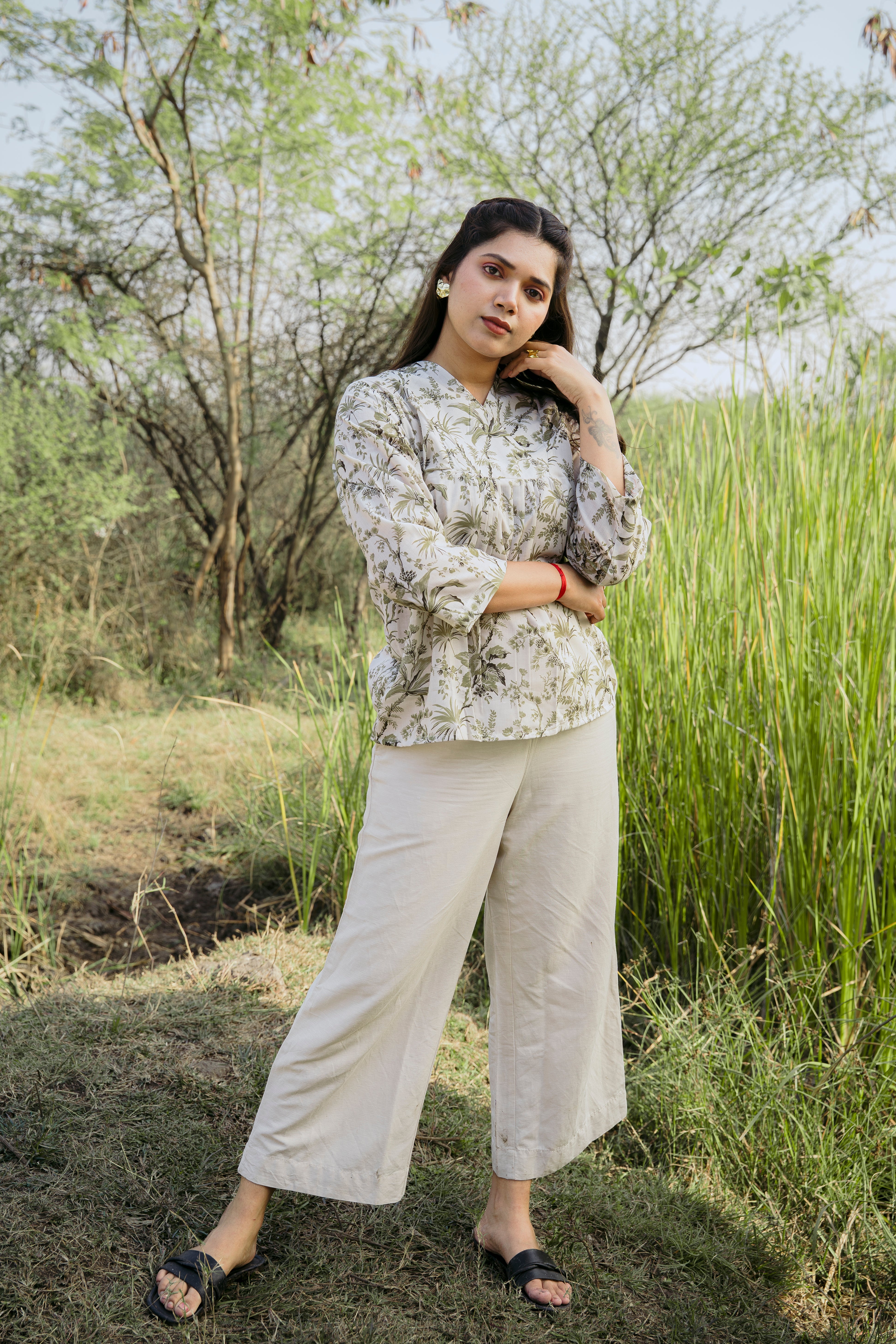 OLIVE BOTANICAL PEPLUM TOP