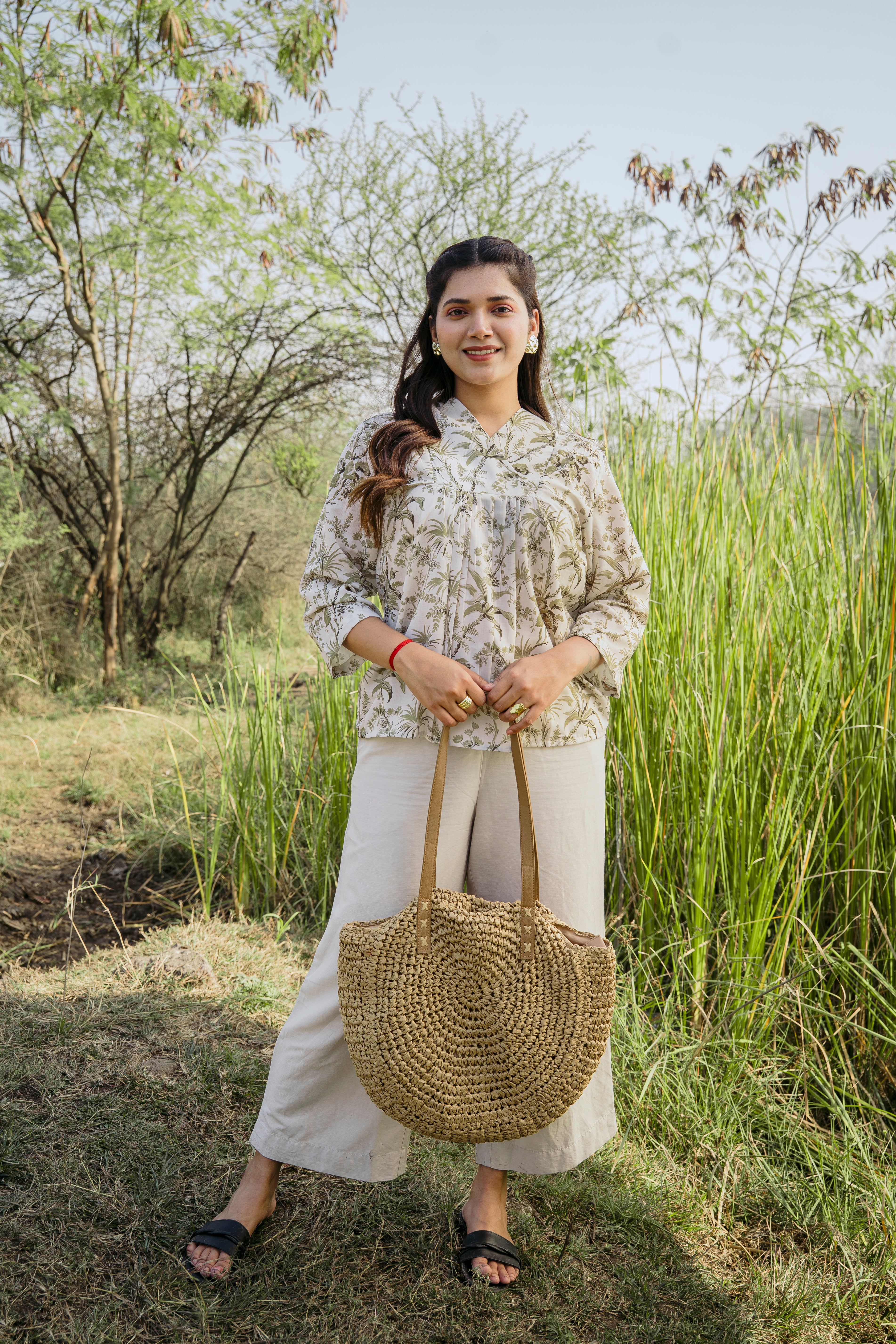 OLIVE BOTANICAL PEPLUM TOP