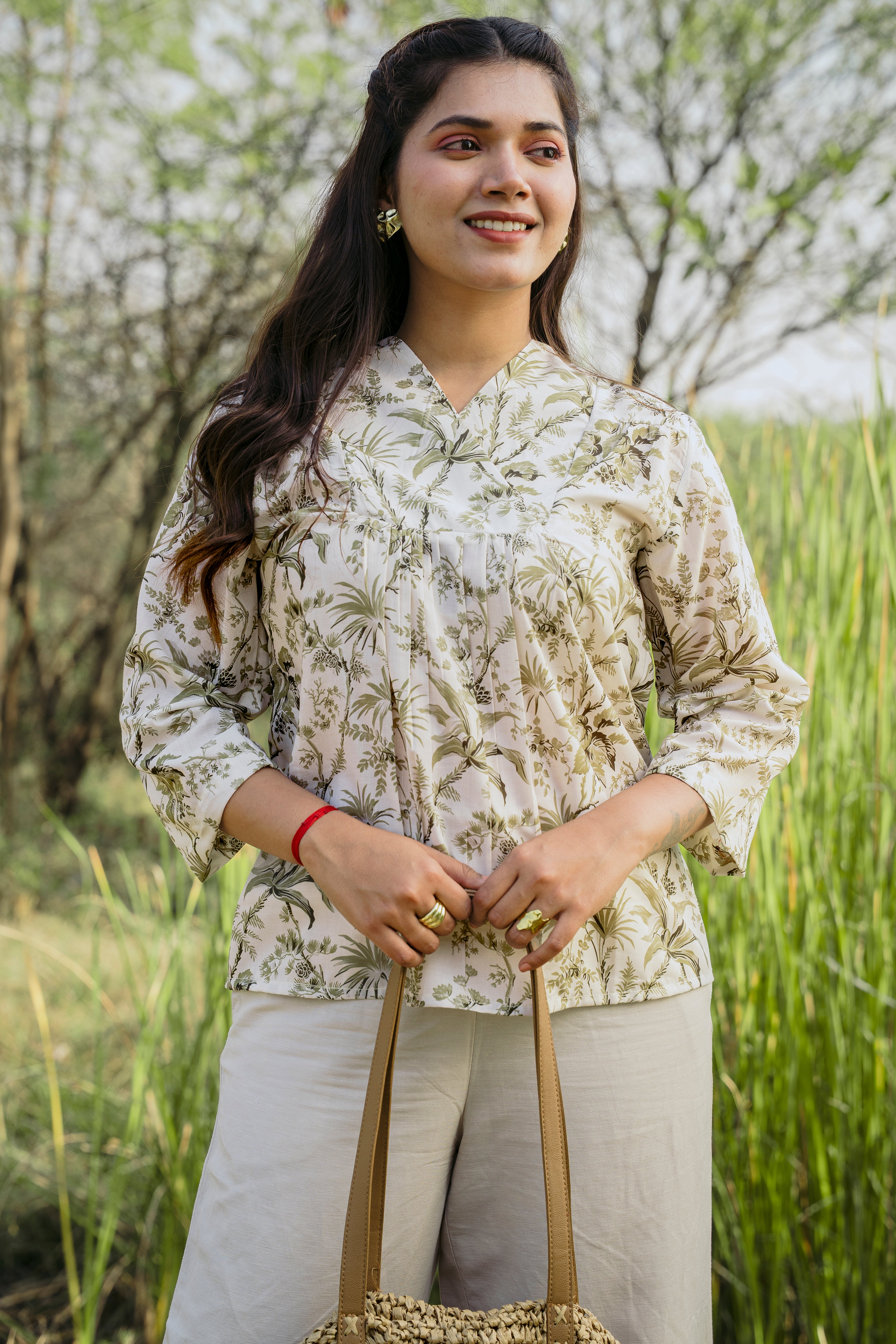 OLIVE BOTANICAL PEPLUM TOP