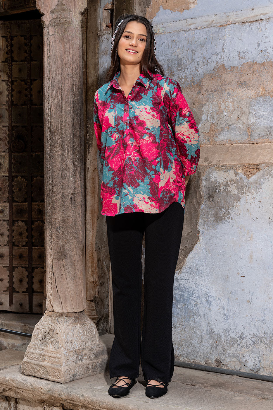 Fuschia abstract floral top