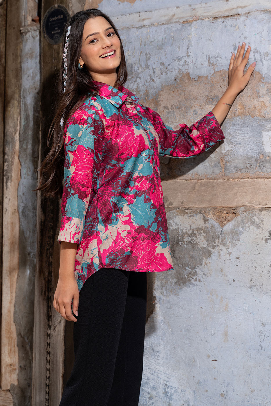 Fuschia abstract floral top
