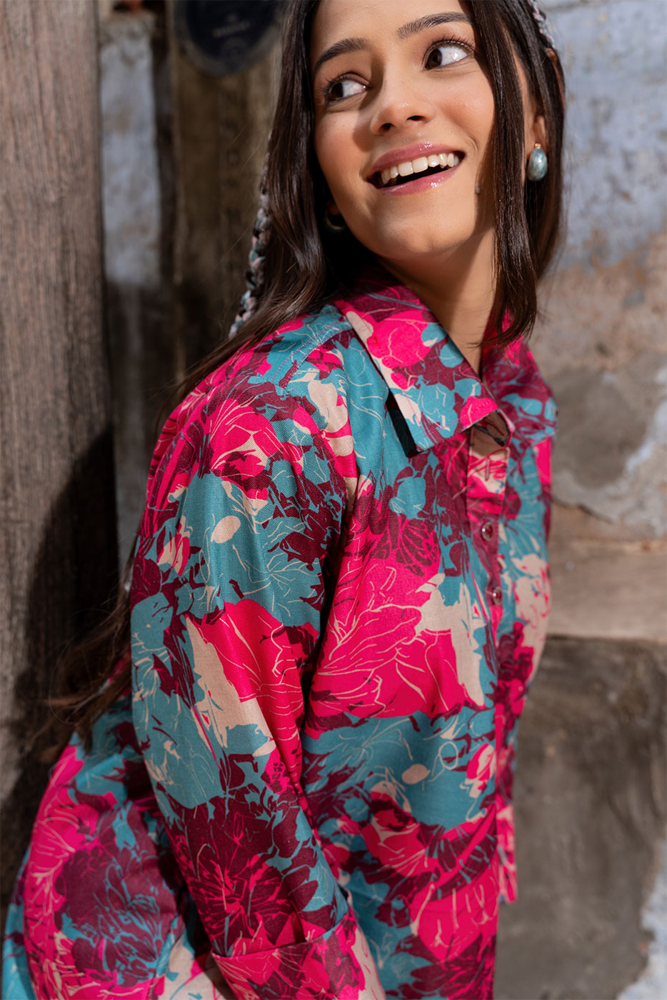 Fuschia abstract floral top