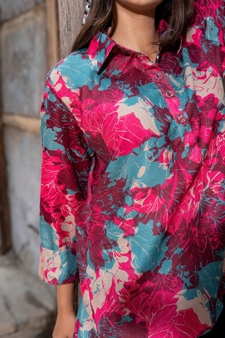 Fuschia abstract floral top