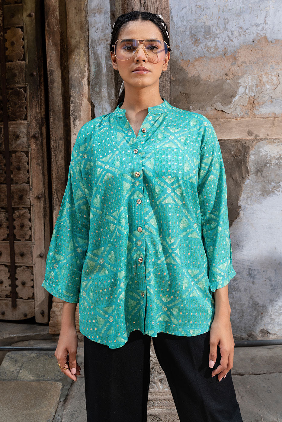 Turquoise Bandhani Printed Shirt