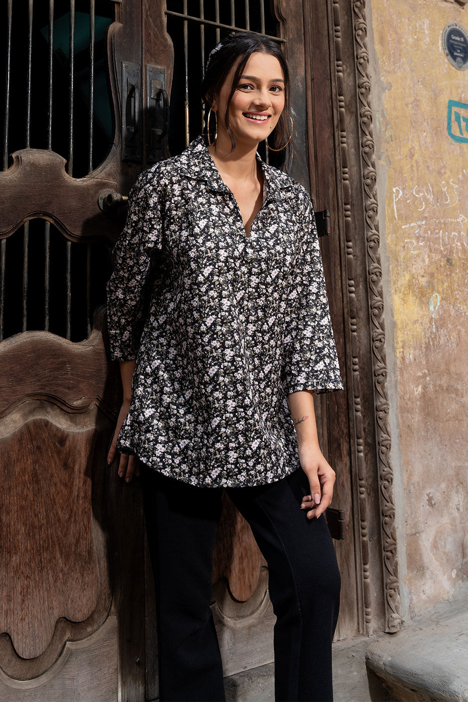 Black noctural floral top