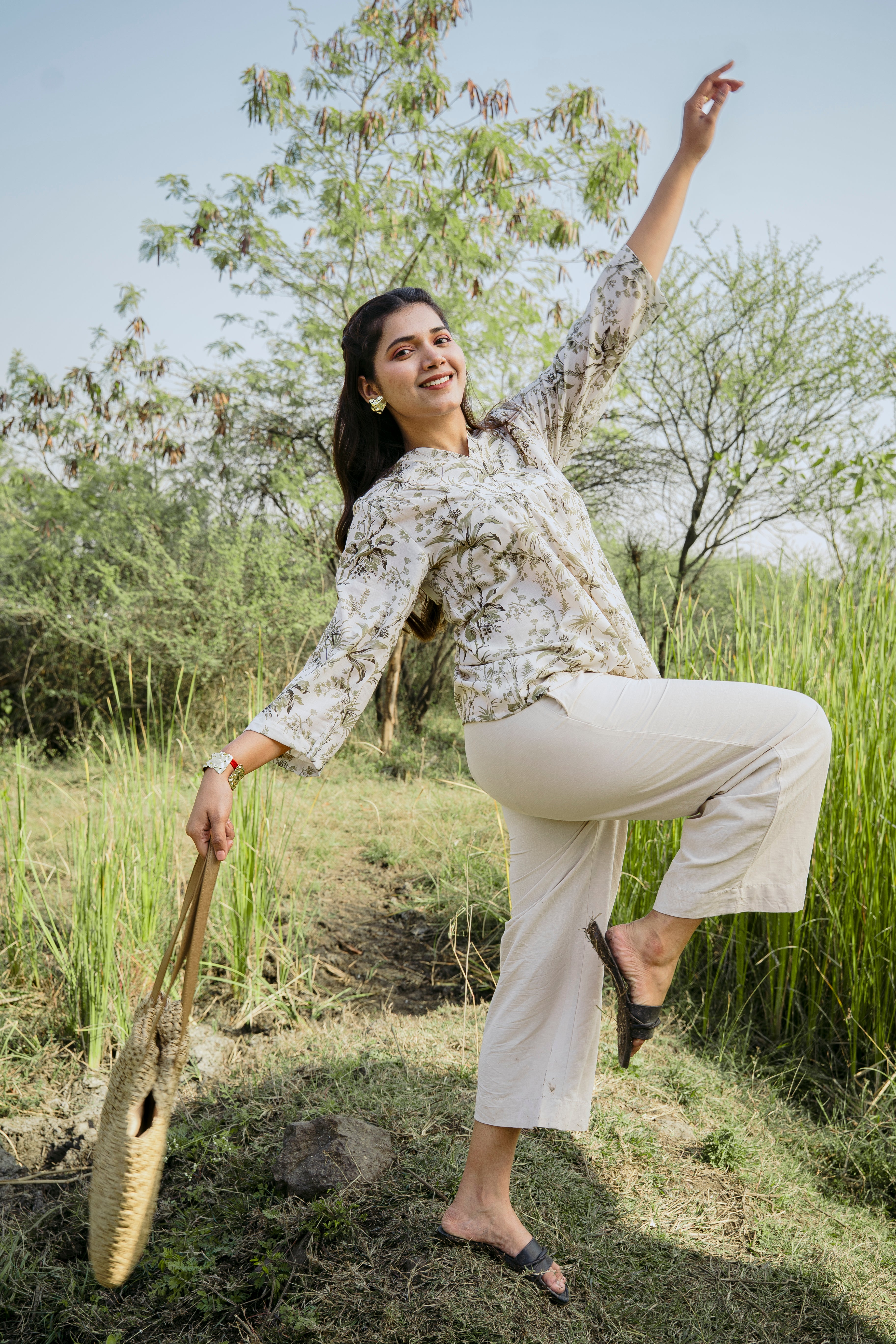 OLIVE BOTANICAL PEPLUM TOP